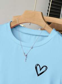 SHEIN Kaos Wanita Kasual Lengan Pendek Motif Hati dengan Detail Kerut - Baby Blue - View 3