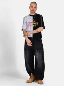 SUMWON Creative Department Split Design Boxy T-Shirt Urban Streetwear Graphic Logo Cotton Tee Casual Skater Style Modern Typography Design Oversize Fashion Statement