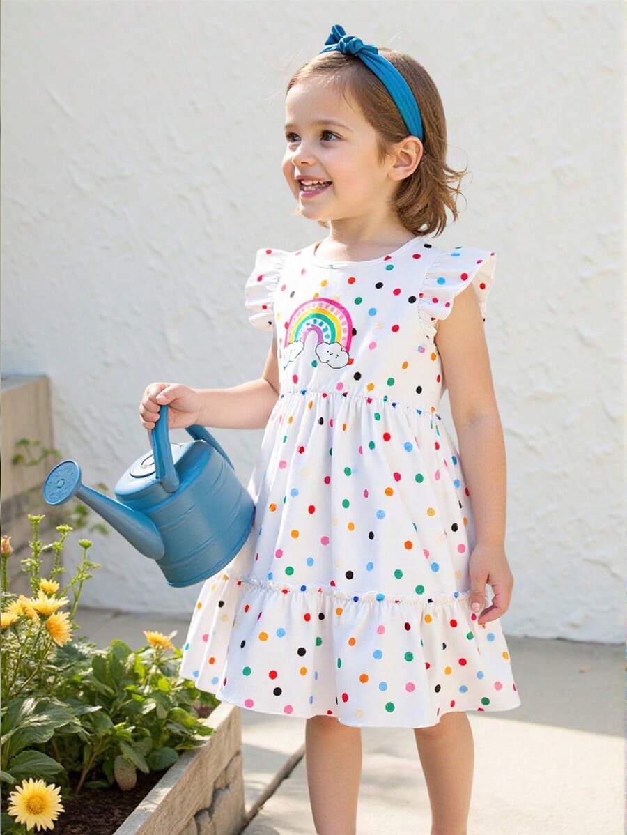 Young Girl Colorful Polka Dot Dress, Sweet Style, Spring/Summer - White - View 1