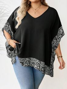 SHEIN CURVE+ 大码女式简约方形围巾 V 领宽松衬衫，夏季