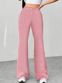 SHEIN Unity Casual Commuter Houndstooth Textured Flare Leg Pants - Red and White - View 4