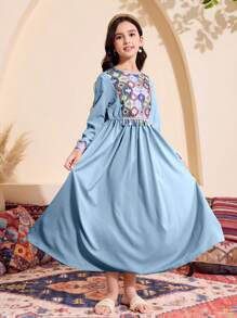 Tween Girls Geometric Print Fringed Decor Long Dress - Blue - View 3