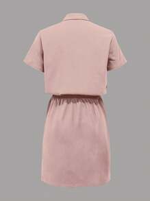 SHEIN LUNE 女式夏季军绿色实用多口袋迷你衬衫裙 - 淺粉色 - 查看 2