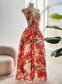 SHEIN Clasi Plus Size Woven Elegant Floral Print Hawaiian Cami Dress Romantic - Multicolor - View 3