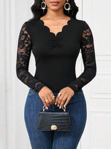 SHEIN Lady Camiseta de manga larga ajustada elegante y sólida con aplicación de encaje para el uso diario