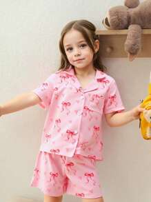Set de 2 piezas de pijama informal para niña joven con cardigan de manga corta con decoración de lazo rosa y shorts