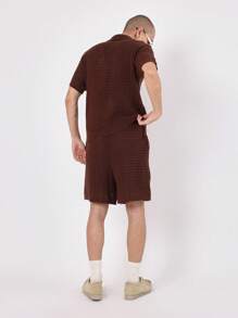 SUMWON Designer Openwork Knit Polo Co-Ord Set Short Sleeve Summer Lounge Wear Casual Knitwear Two-Piece Outfit Textured Beach Resort Wear - Coffee Brown - View 2
