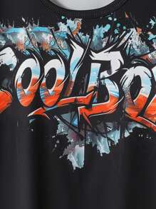 2pcs/Set Tween Boy Casual Graffiti Letter Print Comfortable Round Neck Short Sleeve T-Shirt And Shorts Set, Summer