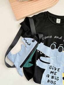 Young Boy Summer Outfit Boy Cute & Comfy Dinosaur Print Short Sleeve Round Neck Top, Woven Drawstring Pants, Dinosaur Shaped Crossbody Bag Set, Suitable For Outings, Parties, Street Photography