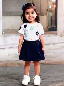 Bộ 2 chiếc áo tay ngắn in hoa cúc và chân váy chữ A bằng vải denim cho bé gái, trang phục giản dị và thoải mái cho mùa xuân hè thu khi ở nhà và hoạt động ngoài trời - Nhiều màu - Xem 4