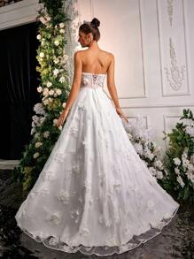 Glamrae Elegant Romantic White 3D Floral Lace Strapless Asymmetric Peplum Maxi Dress, Suitable For Weddings, Bridal, Bride - White - View 2