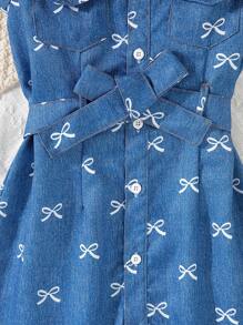 Tween Girl Blue And White Digital Bowknot Print Faux-Denim Dress,Turnover Collar Short Sleeve With Belt,Cute School Back-To-School Autumn Casual Wear - Blue - View 4