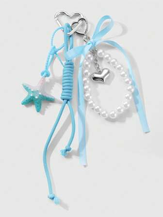 Kawaii 1 pieza Elegante, versátil y de alta calidad - Llavero/accesorio para bolso de cuerda de escalada ajustable con cuentas hechas a mano con tema del océano azul, perla blanca, lazo de cinta, corazón de CCB, gota de resina y estrella de mar simulada, adecuado para mujeres, uso diario o regalo