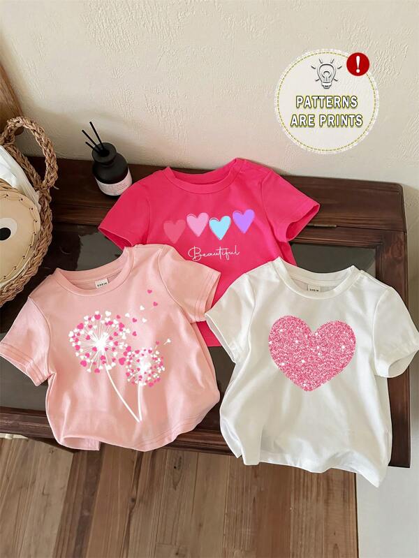 SHEIN Set de 3 piezas de blusas casuales de manga corta, cuello redondo, con estampados florales y de corazones para niñas bebé, de mezcla de algodón para verano