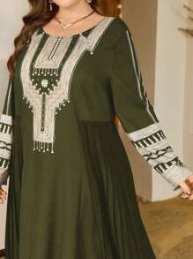 Al Najma 休闲印花雪纺褶皱长袖宽松常规大码女式阿拉伯风格连衣裙，春秋季，端庄