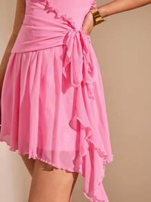 SHEIN BAE 女士纯色深 V 领露背荷叶边开衩褶饰夏季度假连衣裙 - 粉色 - 查看 7