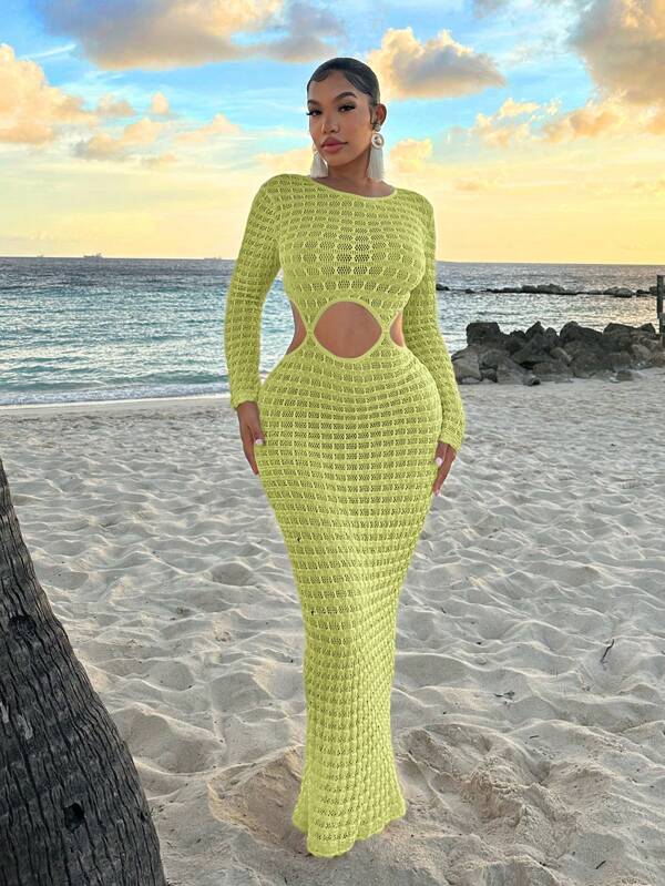 SHEIN SXY Beach Women Sexy Dress Beachwear Beach Women Outfits Beach Vacation Women Clothes See-Through Apricot Long Beach Dress