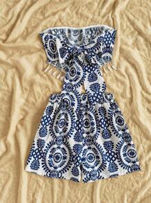 Soleia Bộ 2 áo liền quần in tua rua toàn thân cho nữ đi nghỉ mát thường ngày và quần short - Nhiều màu - Xem 2