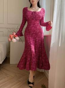 DAZY Women Square Neck Long Sleeve Textured Fabric Dress Elegant,Ruffle,Fall Dress - Burgundy - View 3
