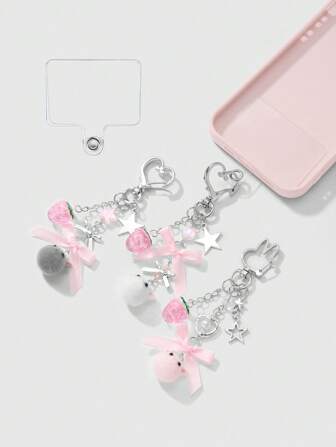 Kawaii 6 Stücke Ins Stil süße mädchenhafte hochwertige Silber Kette Anhänger Set - inklusive Stern, Erdbeere, Schleife, Katzenkopf, transparenter Kartenhalter für Handy, Schlüsselanhänger, Taschendekoration. Geeignet für Schwestern, Freunde, Paare, täglichen Gebrauch, Urlaubsgeschenke