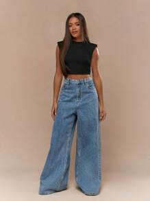 MISSGUIDED 无袖垫肩短款上衣肌肉背心健身运动基本款修身夏季时尚必备现代简约休闲运动T恤 - 黑色 - 查看 4