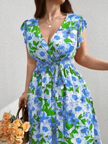 Breezaya Plus Size Vacation Style Floral Allover Print Ruffle Hem Dress For Leisure Maxi Women Outfit, For Spring - Baby Blue - View 1