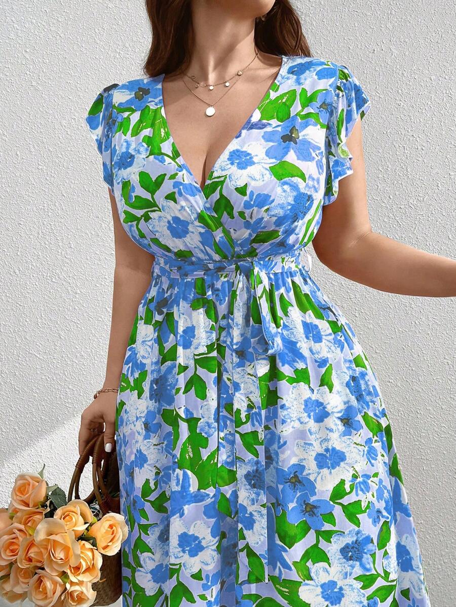 Breezaya Plus Size Vacation Style Floral Allover Print Ruffle Hem Dress For Leisure Maxi Women Outfit, For Spring - Baby Blue - View 1