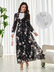 Modelyn Women's Elegant Floral Print Lantern Sleeve Long Dress - Black - View 4