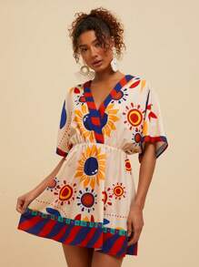 Travachic V-Neck Printed Mini Dress For Women,Summer Outfits For Women,Beachwear,Easter,Beach Outfits For Woman,Spring Break,Vacation Outfits Women,Concert Outfit Women,Rave Outfits Festival,Rave,BOHO,Music Festival,Tropical Vacation Woman Clothes,Baggy,Loose,Oversize