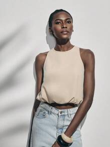 Lumivelle Women's Crew Neck Sleeveless Backless Fitted Short Crop Top, Solid Color - Apricot - View 4