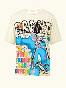 INAWLY 女式图案 T 恤宽松款 Y2K 复古运动 T 恤夏季 - 杏色 - 查看 3