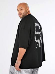Manfinity VCAY تي شيرت رجالي قياس كبير فضفاض بطباعة حرفية بأسلوب الملابس الشارعية - الأسود - مشاهدة 1