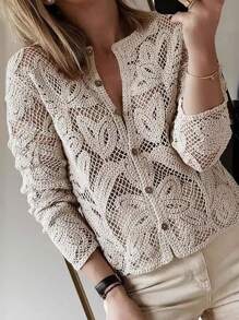 Calvaya Cárdigan con botones delanteros con perforaciones, cárdigan de manga larga de moda adecuado para primavera y otoño, cárdigan de mujer de unicolor con escote en V delantero abierto y perforaciones, cárdigan casual con dobladillo con volantes y botones delanteros de manga larga