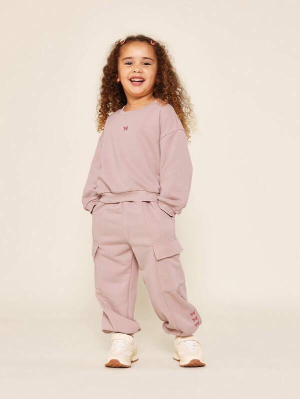 SUMWON Young Girls Everyday Play Crew Neck Sweatshirt And Cargo Jogger 2 Piece Set With Butterfly Graphic Print