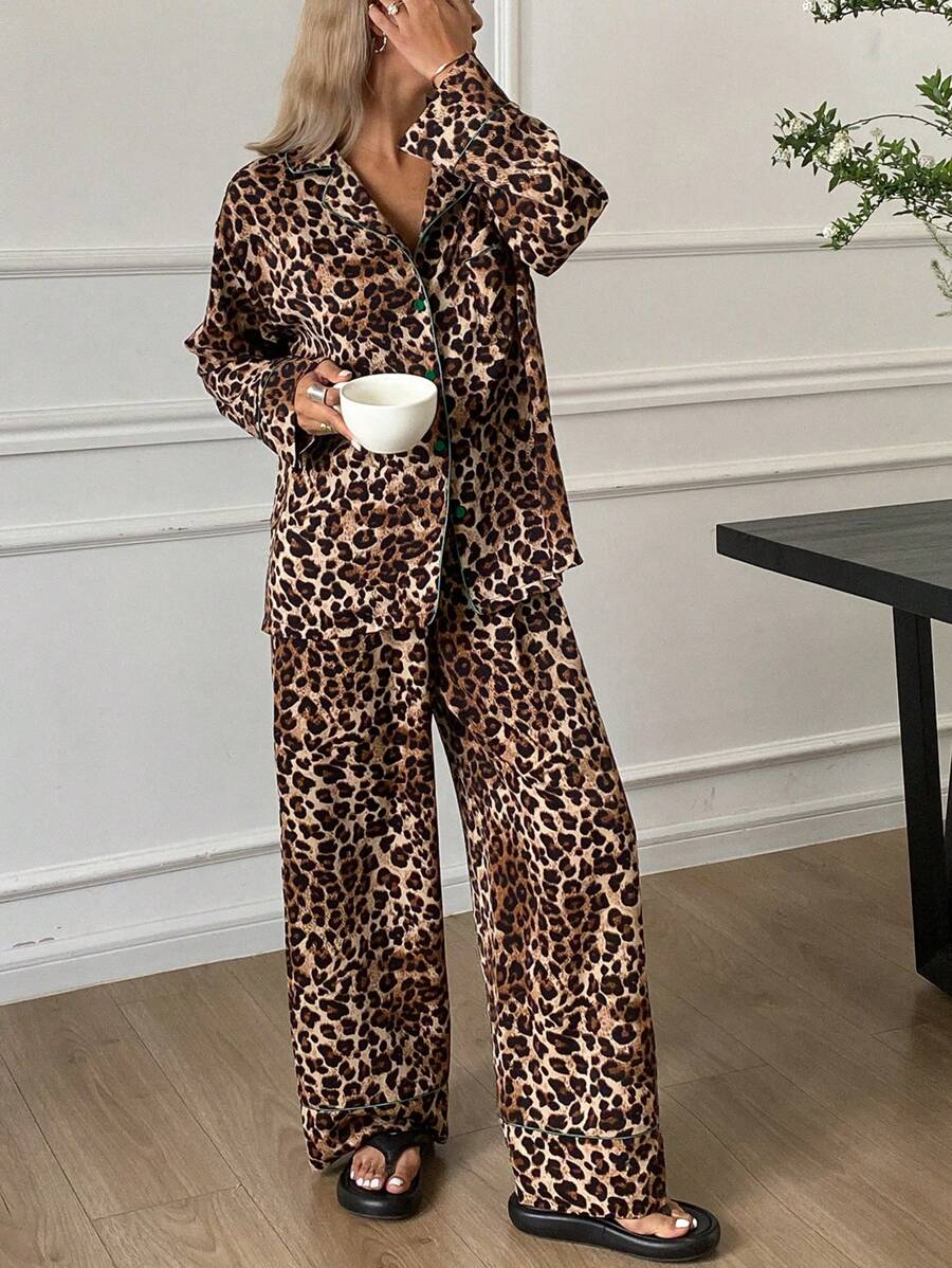 DAZY Charming Leopard Print Contrast Trim Loose Pajamas Set For Women, Fall Winter Clothes