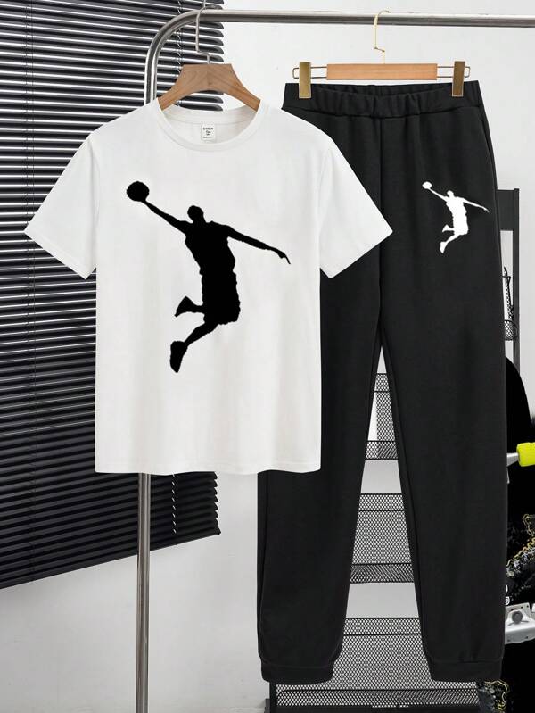 SHEIN 2pcs/Set Casual Minimalist Basketball Graphic Hoodie & Shorts Outfit, Suitable For Summer, Teen Boys