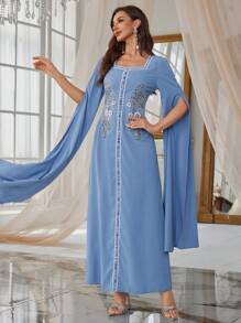 Al Najma Robe tunique élégante à perles pour le printemps/été, caftan long et modeste de tradition turque et arabe - Bleu gris - Voir 7