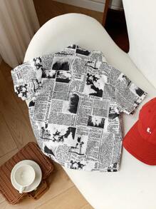 Kids Boy Casual Newspaper Print Turndown Collar Zip-Up Short Sleeve Woven Shirt, Suitable For Commuting, School, Daily Life, Vacation, Sports, Spring/Summer/Autumn/Winter