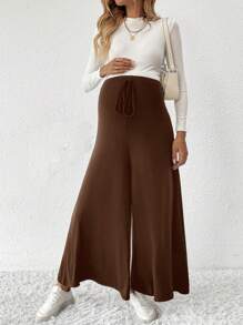 SHEIN Maternity High Waist Knot Front Wide Leg Pants - Brown - View 3