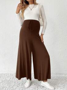 SHEIN Maternity High Waist Knot Front Wide Leg Pants - Brown - View 4