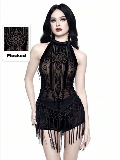 Goth Camiseta sin tirantes con estampado de palacio gótico sexy, con flecos y estampado de terciopelo