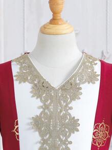 Tween Girl Glittery Ribbon Decor Floral Pattern Color-Block Dress