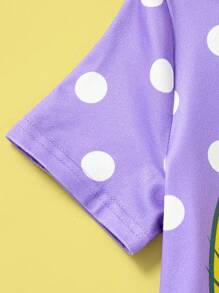 LOONEY TUNES X SHEIN 2pcs/Set Young Girl Cute Cartoon Bird Tweety & Polka Dot Print Short Sleeve T-Shirt And Purple Polka Dot Shorts Pajamas Set, Casual For Spring/Summer