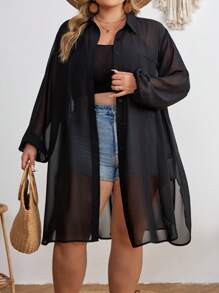 SHEIN CURVE+ Kimono de mujer de talla grande con botones en la parte delantera, malla transparente, tela fresca y resistente a las arrugas, para otoño/invierno - Negro - Ver 8