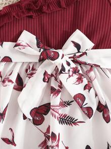 SHEIN Baby Girl Houndstooth & Ribbed Fabric Ruffle Strap Sleeveless Dress With Hat, Elegant For Spring/Summer, Cute - Red and White - View 3