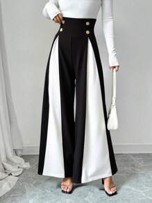 Chiquease Black & White Patchwork Metal Buckle Casual Commuter Style Pants - Black and White - View 1