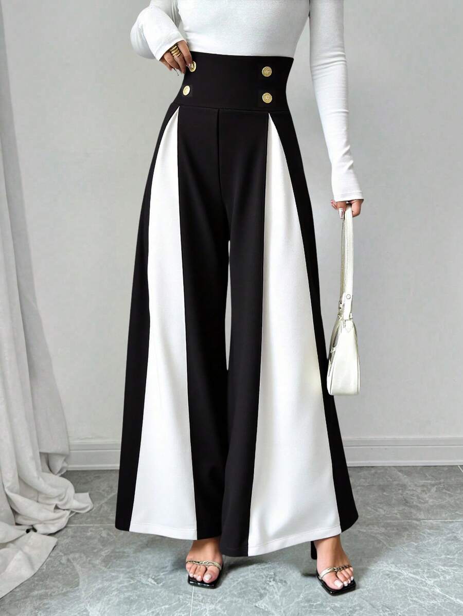 Chiquease Black & White Patchwork Metal Buckle Casual Commuter Style Pants - Black and White - View 1