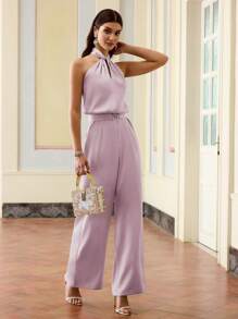 ZEYLAH Macaquinho Elegante de Cor Sólida com Babado no Halter e Cintura Elástica para Encontros - Rosa chiclete - Visão 6