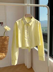 Comfortcana Backless Bowknot Cropped Striped Shirt - Yellow - View 6