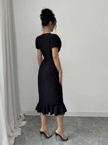 Rafferiza 泡泡灯短袖网纱刺绣拼布优雅连衣裙，夏季长裙 - 黑色 - 查看 2